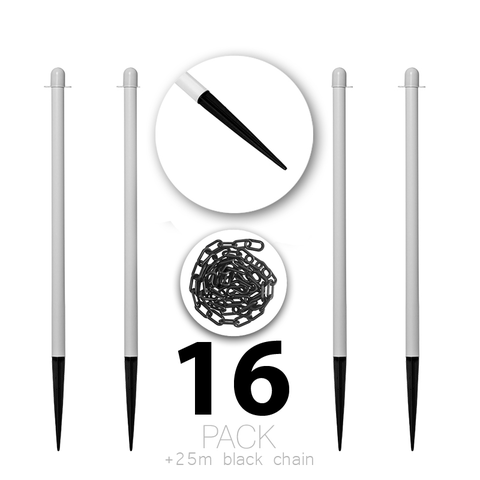 Lot de 16 Flexibarrier Poteau & Chaîne Barrière avec Poteau en Plastique - Piquet et chaîne de 25 m
