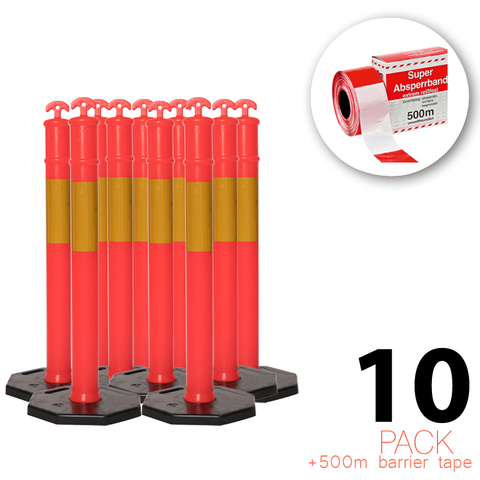 Lot de 10 - Flexibarrier T-Top Bollard Avec Base + 500m Ruban de Barrière