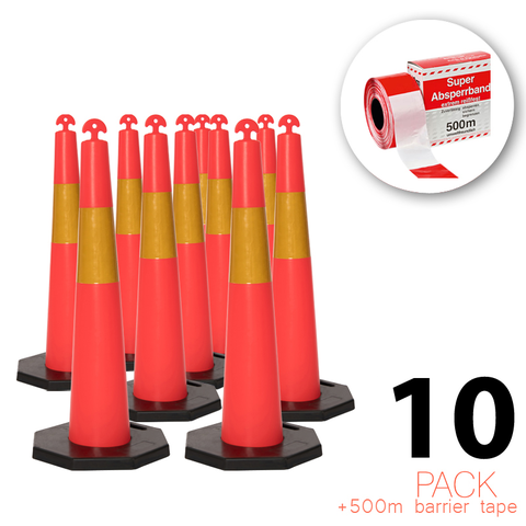 Lot de 10 - Flexibarrier cône de signalisation T-Top avec base + ruban de barrière de 500 m