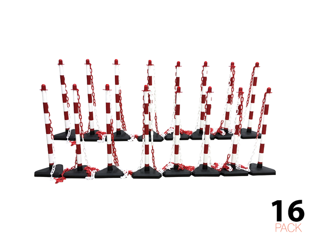 Kit de Barrière à Poteaux et Chaîne -Économique-, 16 Poteaux incl. 25m Chaîne en Plastique (Rouge/Blanc)