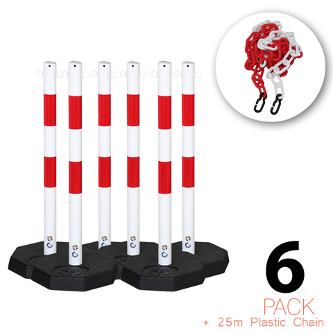 (Lot de 6) - Flexibarrier Poteau & Chaîne de Barrière - Acier - incluant 25m de chaîne en plastique (Rouge/Blanc)