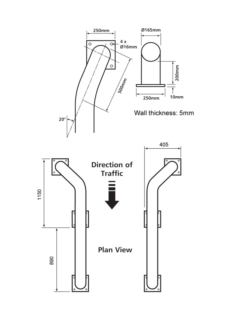 Dimensional drawing of cranked loading bay wheel guides