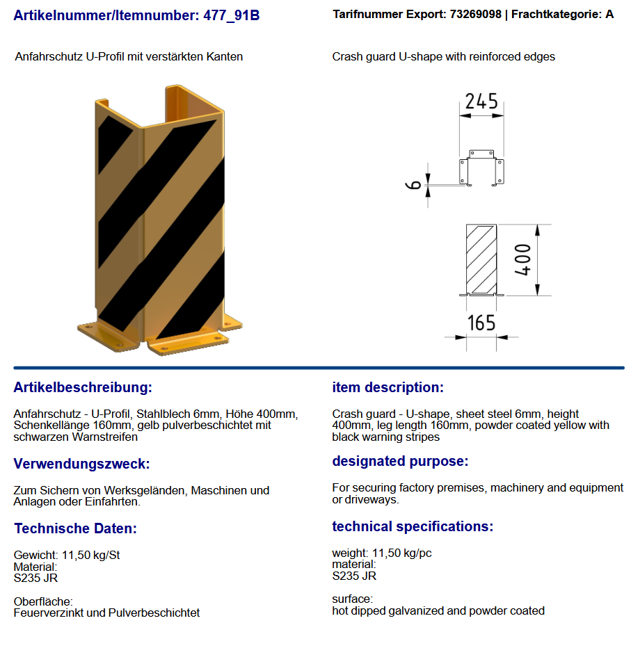 Protection anti-choc pour rayonnage à palettes -Garde de collision- en forme de U avec bords renforcés