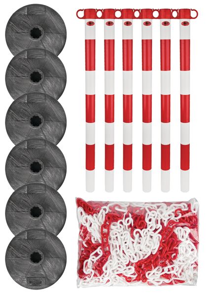Kit de barrière à poteau et chaîne -Léger-, 6 poteaux en plastique incl. chaîne de 25m